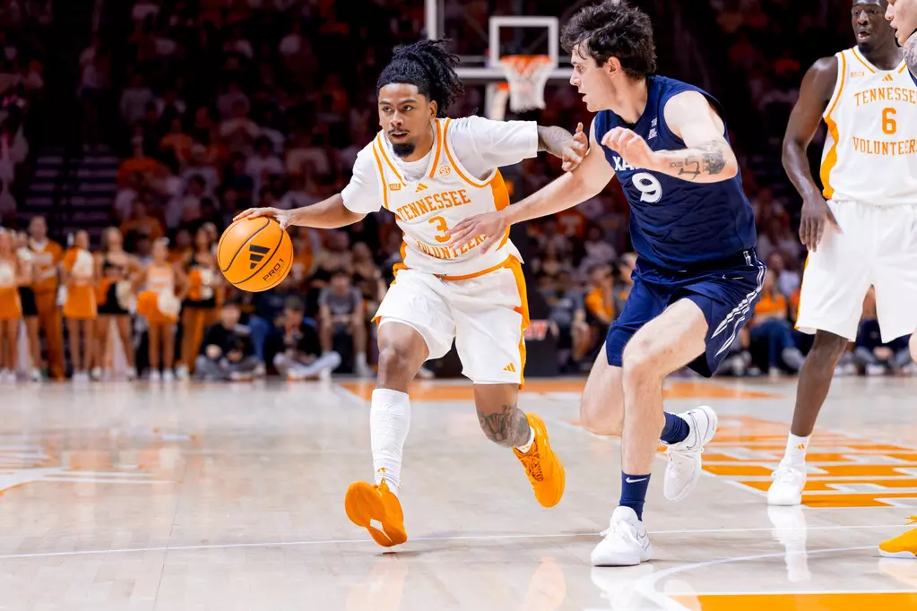 KNOXVILLE, TN - October 15, 2026 - Guard Terrence Hill Jr. #3 of the Tennessee Volunteers during an exhibition game between the Xavier Musketeers and the Tennessee Volunteers at Food City Center in Knoxville, TN. Photo By Andrew Ferguson/Tennessee Athletics